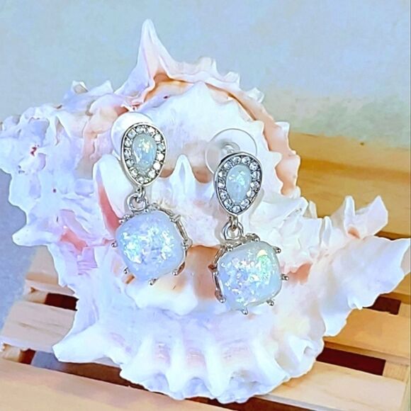 SYNTHETIC OPAL & CZ RHODIUM PLATED STAINLESS STEEL POST EARRINGS - Picture 2 of 6